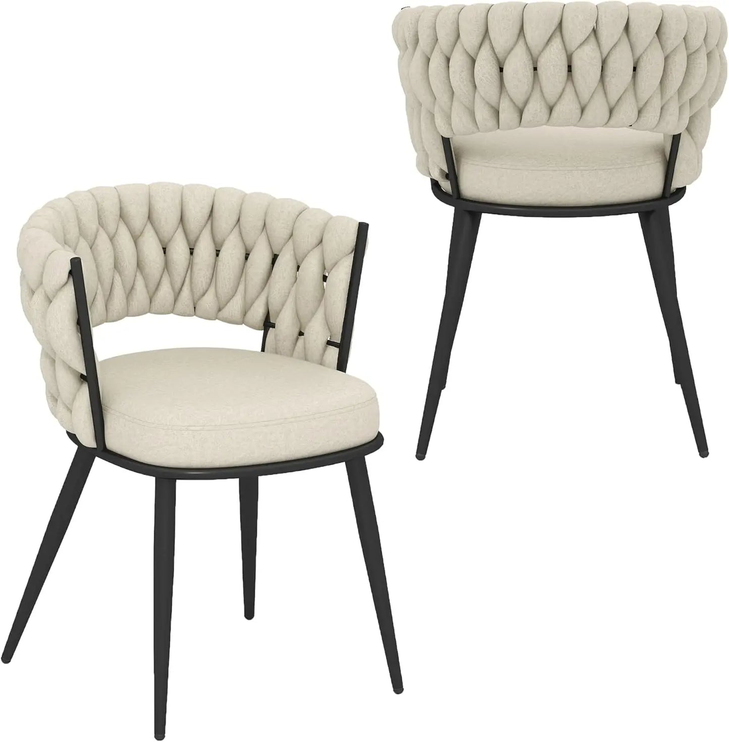Two beige upholstered chairs with black metal legs on a white background