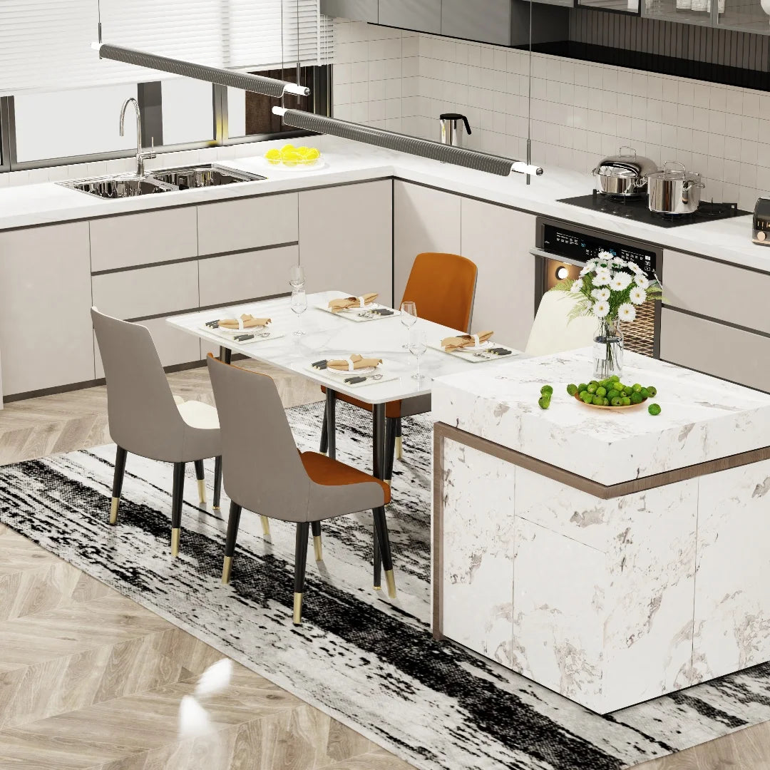 LUVODI 4-6 People Seats Marble Dining Table with Chair 1.2m Restaurant Kitchen Cafe Shop Coffee Table Furniture with Metal Legs