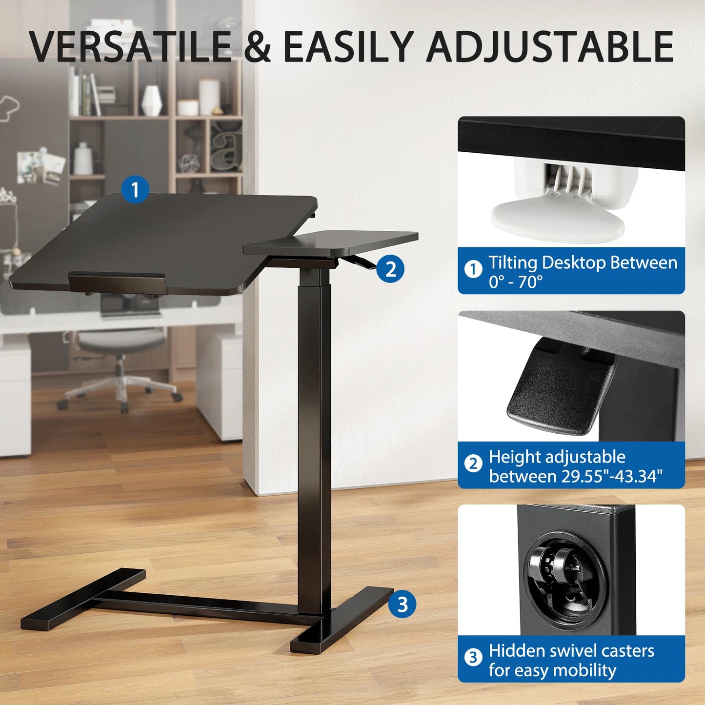 JHK Overbed Flip Lap Desk with Wheels, Tilt Top & Adjustable Height for Home Use.
