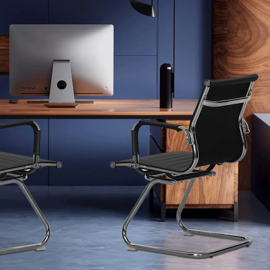 Office Guest Chair – PU Leather Mid-Back Sled Base, Black, Reception & Meeting Room Seating.