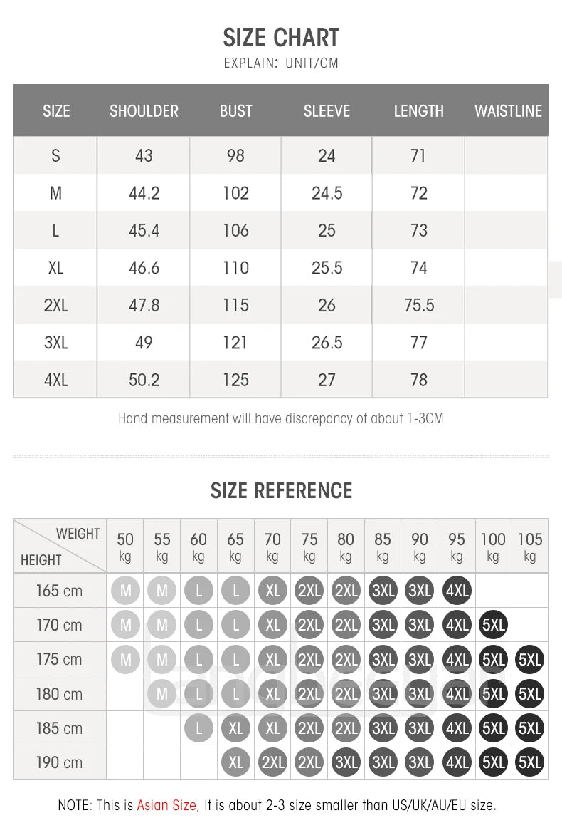 Size chart and weight-height reference chart for clothing measurements.