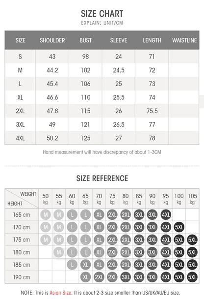 Size chart and weight-height reference chart for clothing measurements.
