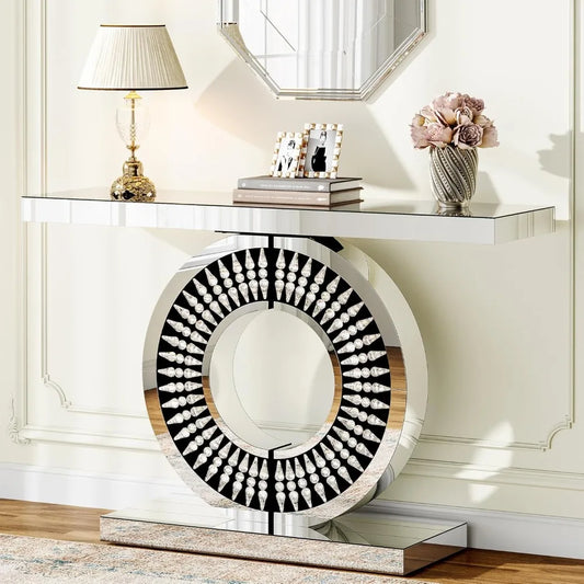 Modern Mirrored Console Table with A Sparkling Crystal-encrusted Base, 43-inch Silver Console Table/decorative Table