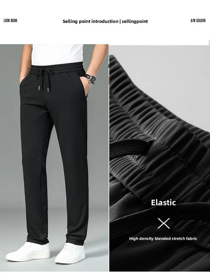 High Quality Ice Silk Stretch New Brand Casual Fashion Strappy Long Pants Elastic Pencil Street Style Teens Trousers Men Clothes