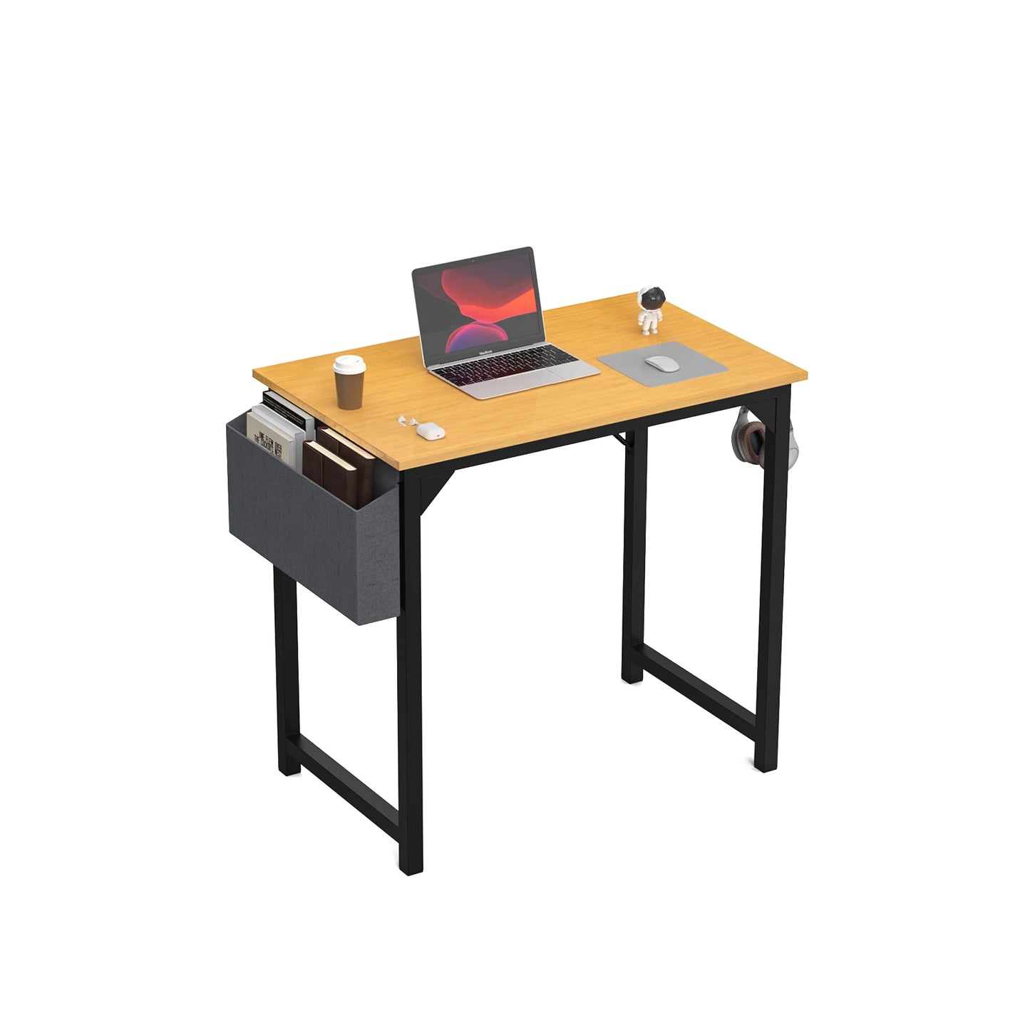 Modern Compact Computer Desk with Side Bag & Headphone Hook – Easy Assembly.