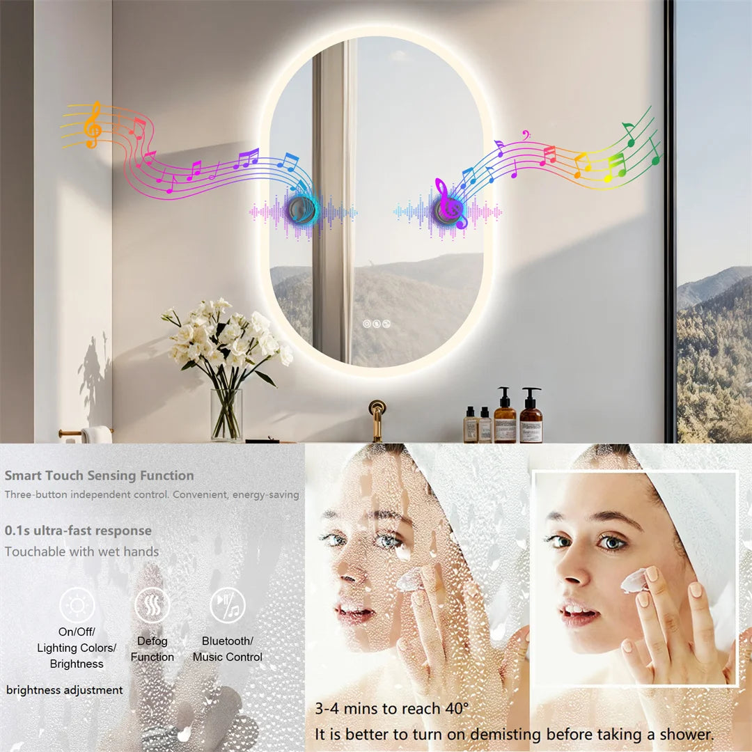 Bathroom mirror with LED lighting and music control, featuring a woman using skincare products.