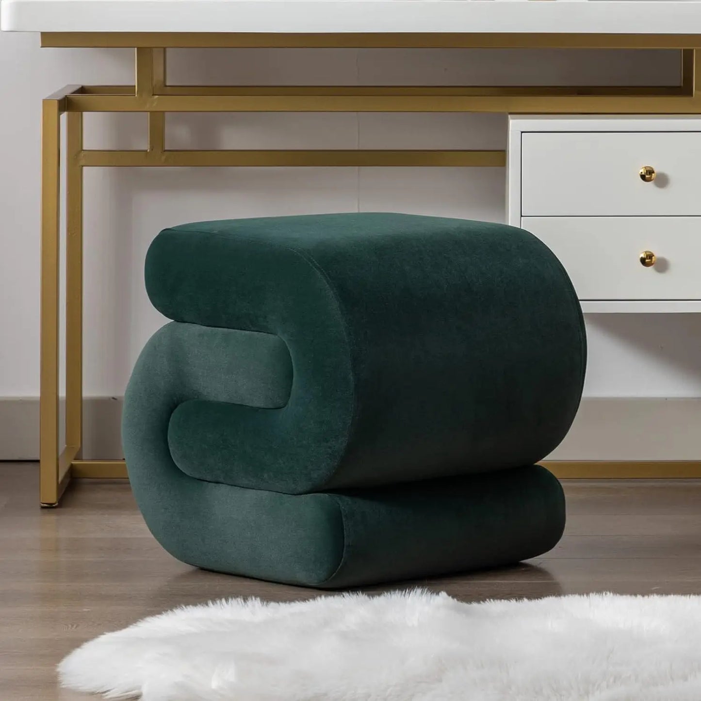 Velvet Vanity Stool – Modern S-Shaped Pouf Ottoman Footrest & Makeup Chair.
