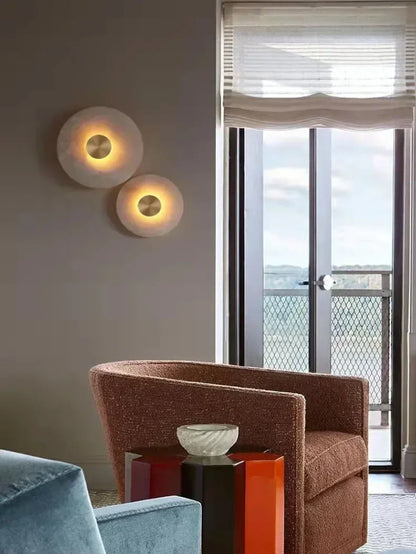 Spanish Marble LED Round Wall Sconce – Brass Bedroom & Living Room Light.