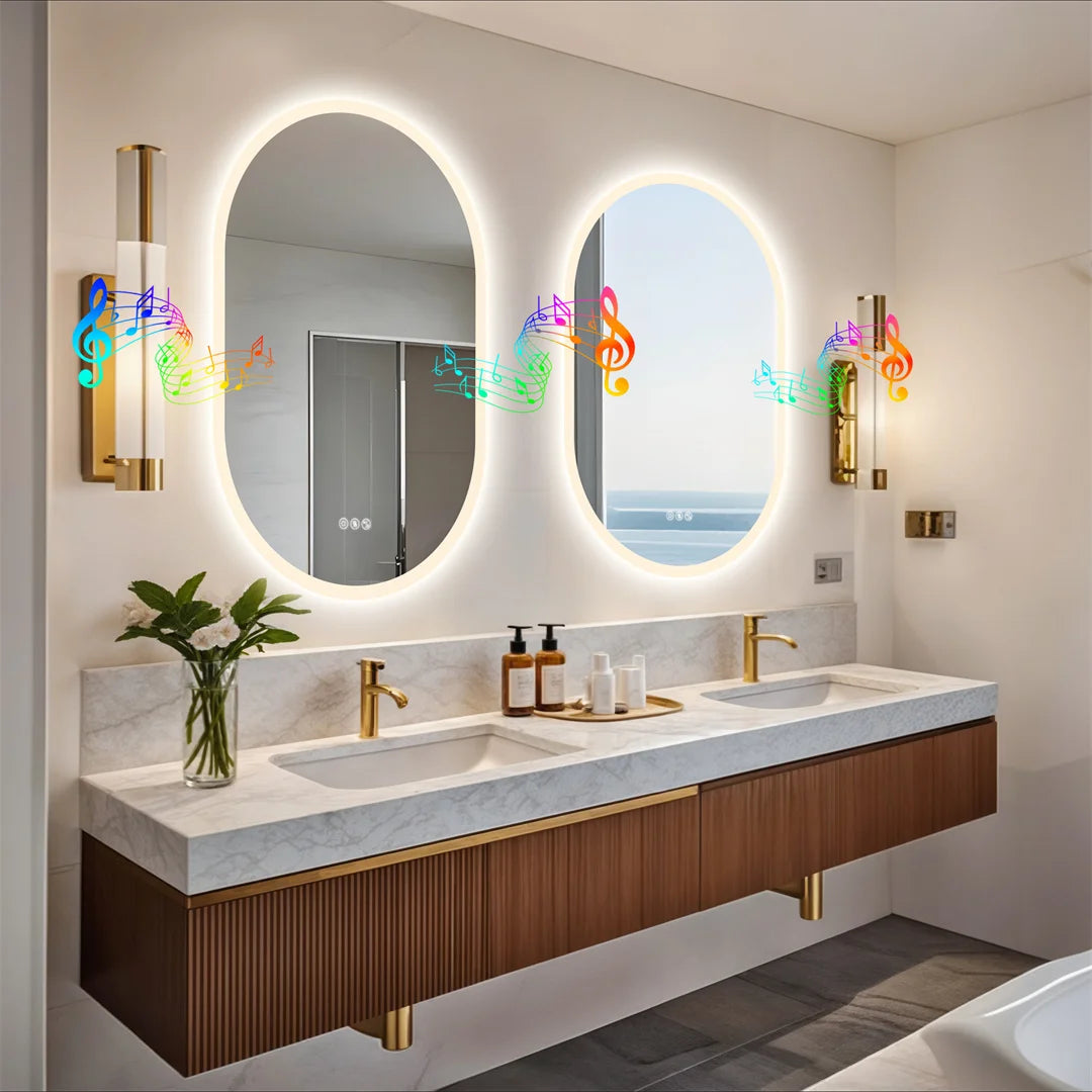 Bathroom vanity with double sink, illuminated mirrors, and decorative elements.