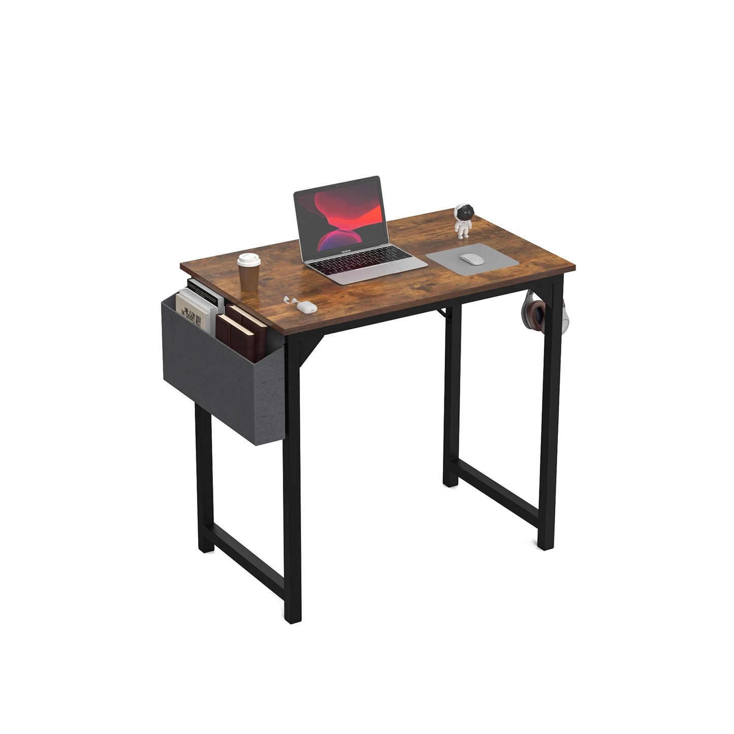 Modern Compact Computer Desk with Side Bag & Headphone Hook – Easy Assembly.