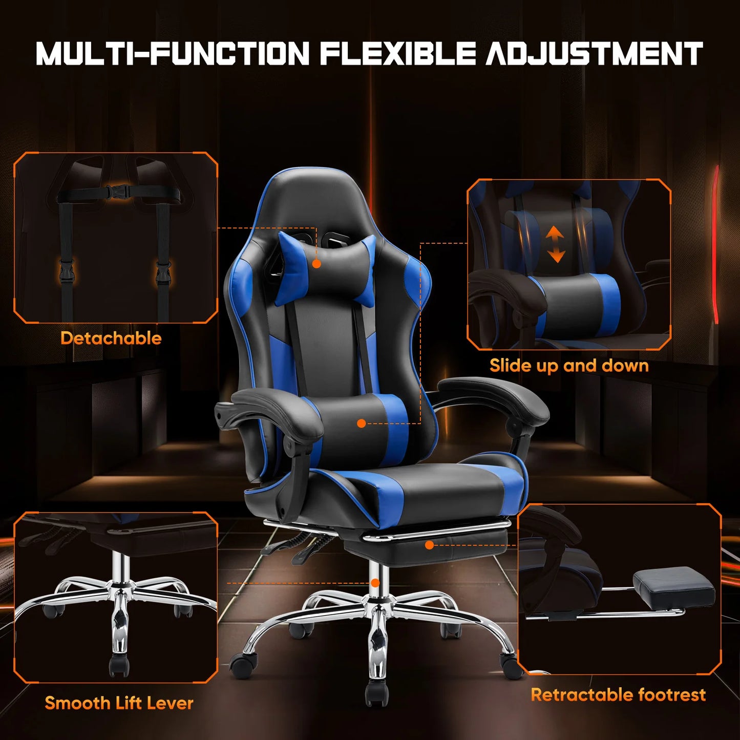 JHK Ergonomic Racing Gaming Chair PU Leather with Adjustable Headrest & Lumbar Support.