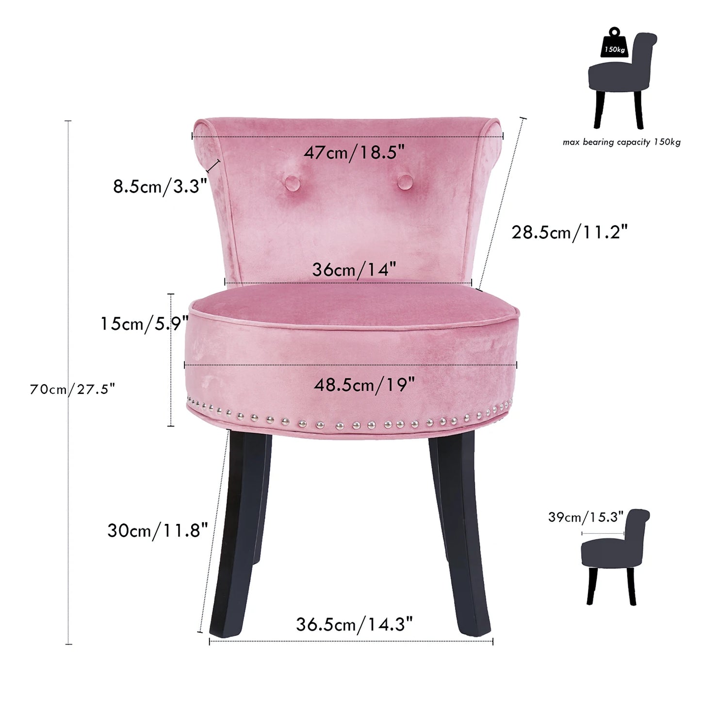 Pink chair with dimensions labeled on a white background