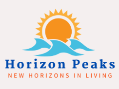 Horizon Peaks logo with a sun and waves design on a white background